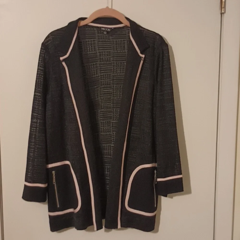 Misook Black W/Pale Pink Trim Knit Zipper Pocket Cardigan Size Large - Picture 7 of 9